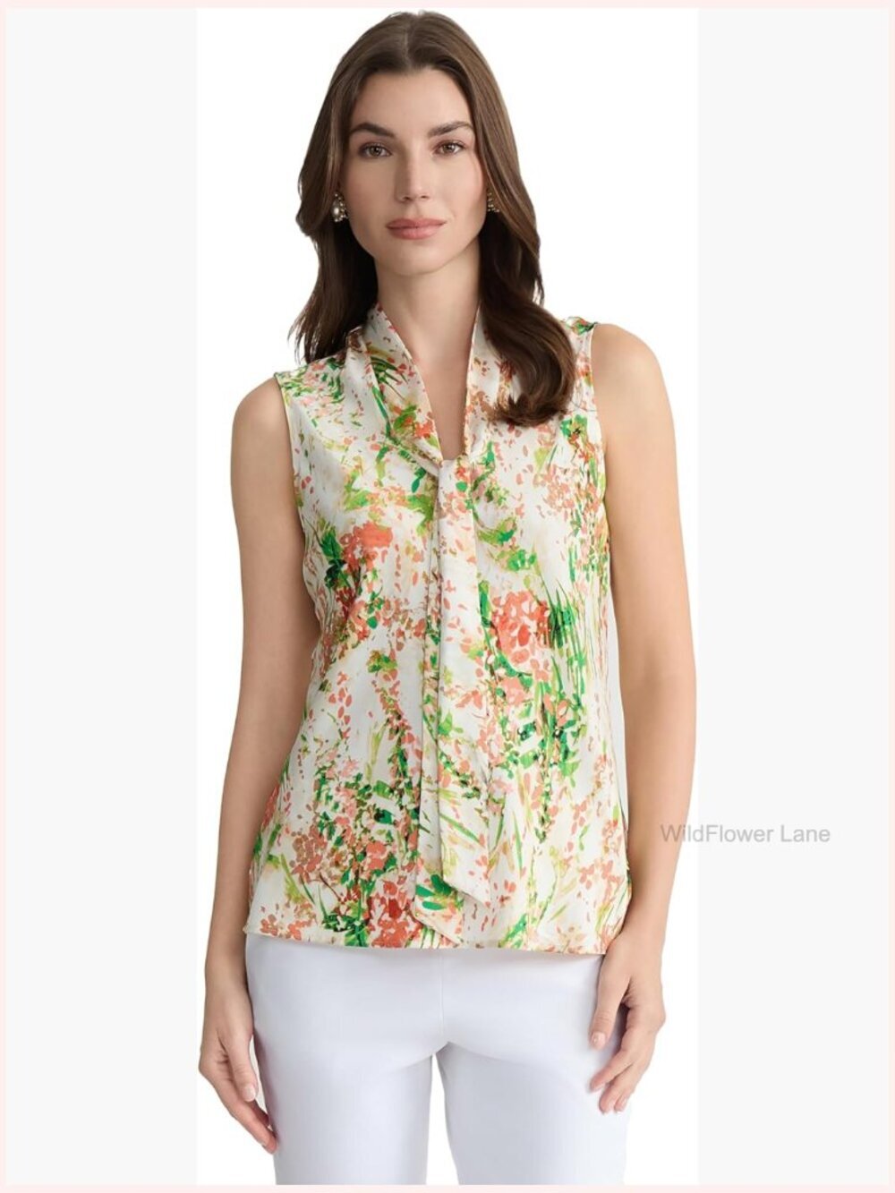 Sleeveless Bias Tie Front Printed Blouse - Floral, Tie Neck, Regular Fit